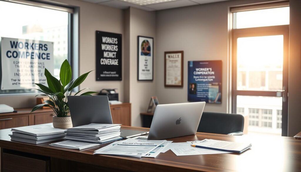 A modern office interior with a prominent desk showcasing various insurance paperwork, documents, and a laptop. In the background, a large window provides natural lighting, casting a warm glow over the scene. The desk is neatly organized, with a laptop, a stack of files, and a potted plant, conveying a sense of professionalism and efficiency. The walls are adorned with motivational posters and framed certificates, highlighting the importance of workers' compensation coverage. The overall atmosphere is one of a well-run, reputable insurance agency, ready to assist businesses in navigating the complexities of workers' compensation policies. A modern office interior with a prominent desk showcasing various insurance paperwork, documents, and a laptop. In the background, a large window provides natural lighting, casting a warm glow over the scene. The desk is neatly organized, with a laptop, a stack of files, and a potted plant, conveying a sense of professionalism and efficiency. The walls are adorned with motivational posters and framed certificates, highlighting the importance of workers' compensation coverage. The overall atmosphere is one of a well-run, reputable insurance agency, ready to assist businesses in navigating the complexities of workers' compensation policies.