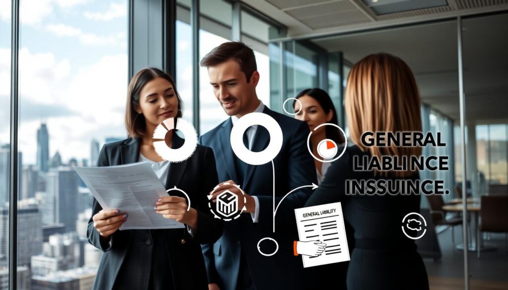 A modern office setting with a glass-walled conference room in the foreground. A male insurance agent in a suit is explaining a document to a female client. The middle ground features various insurance-related icons and illustrations, including a pie chart, a handshake, and a document with "General Liability Insurance" text. The background showcases a city skyline with skyscrapers and a partially cloudy sky, creating a professional and authoritative atmosphere. The lighting is natural, with soft shadows and highlights accentuating the details. The overall composition conveys the importance and complexity of general liability insurance coverage. A modern office setting with a glass-walled conference room in the foreground. A male insurance agent in a suit is explaining a document to a female client. The middle ground features various insurance-related icons and illustrations, including a pie chart, a handshake, and a document with "General Liability Insurance" text. The background showcases a city skyline with skyscrapers and a partially cloudy sky, creating a professional and authoritative atmosphere. The lighting is natural, with soft shadows and highlights accentuating the details. The overall composition conveys the importance and complexity of general liability insurance coverage.