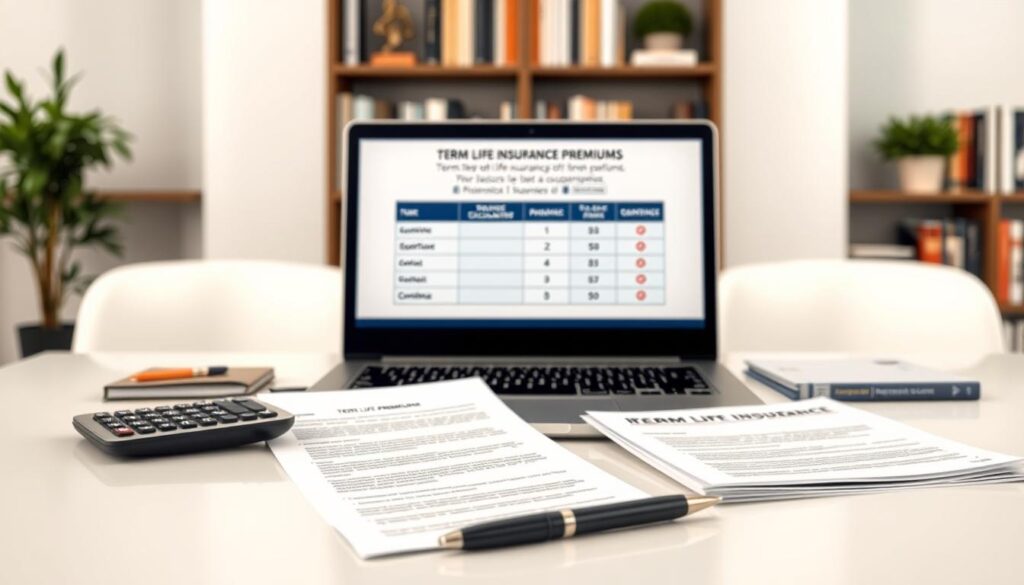 A modern office setting with a neatly organized desk displaying various life insurance documents. Soft, even lighting illuminates the scene, creating a professional and trustworthy atmosphere. In the foreground, a calculator, pen, and a stack of papers highlighting key details about term life insurance premiums. The middle ground features a laptop displaying an interactive calculator tool, allowing the viewer to explore different premium scenarios. In the background, a bookshelf filled with financial planning resources, subtly conveying expertise and knowledge. The overall composition suggests a calm, informative, and accessible approach to understanding the factors that affect term life insurance premiums in Canada. A modern office setting with a neatly organized desk displaying various life insurance documents. Soft, even lighting illuminates the scene, creating a professional and trustworthy atmosphere. In the foreground, a calculator, pen, and a stack of papers highlighting key details about term life insurance premiums. The middle ground features a laptop displaying an interactive calculator tool, allowing the viewer to explore different premium scenarios. In the background, a bookshelf filled with financial planning resources, subtly conveying expertise and knowledge. The overall composition suggests a calm, informative, and accessible approach to understanding the factors that affect term life insurance premiums in Canada.