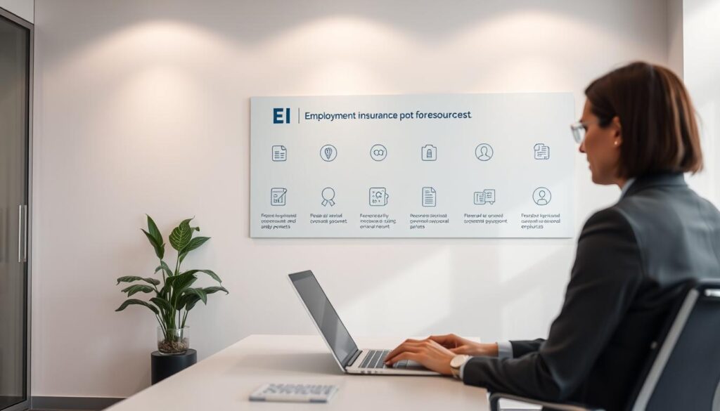 A modern office setting with a professional business person seated at a desk, working on a laptop computer. In the background, a wall display showcases Employment Insurance (EI) benefit information and resources, depicted with clean, minimalist iconography and typography. Soft, directional lighting illuminates the scene, creating a sense of productivity and focus. The overall atmosphere conveys a feeling of reliable governmental support for employees, reflecting the "National safety net" theme. A modern office setting with a professional business person seated at a desk, working on a laptop computer. In the background, a wall display showcases Employment Insurance (EI) benefit information and resources, depicted with clean, minimalist iconography and typography. Soft, directional lighting illuminates the scene, creating a sense of productivity and focus. The overall atmosphere conveys a feeling of reliable governmental support for employees, reflecting the "National safety net" theme.