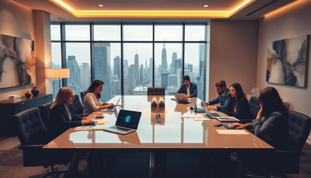 A modern office space with a sleek, professional atmosphere. In the foreground, a group of businesspeople collaborating around a large, polished conference table, laptops and papers spread out before them. Warm, indirect lighting casts a soft glow over the scene. The middle ground features floor-to-ceiling windows overlooking a bustling city skyline, giving the impression of a high-rise location. In the background, abstract wall art and minimalist decor create a sense of sophisticated, streamlined business operations. The overall mood is one of productivity, efficiency, and an attention to detail that reflects the careful consideration of commercial liability policies. A modern office space with a sleek, professional atmosphere. In the foreground, a group of businesspeople collaborating around a large, polished conference table, laptops and papers spread out before them. Warm, indirect lighting casts a soft glow over the scene. The middle ground features floor-to-ceiling windows overlooking a bustling city skyline, giving the impression of a high-rise location. In the background, abstract wall art and minimalist decor create a sense of sophisticated, streamlined business operations. The overall mood is one of productivity, efficiency, and an attention to detail that reflects the careful consideration of commercial liability policies.