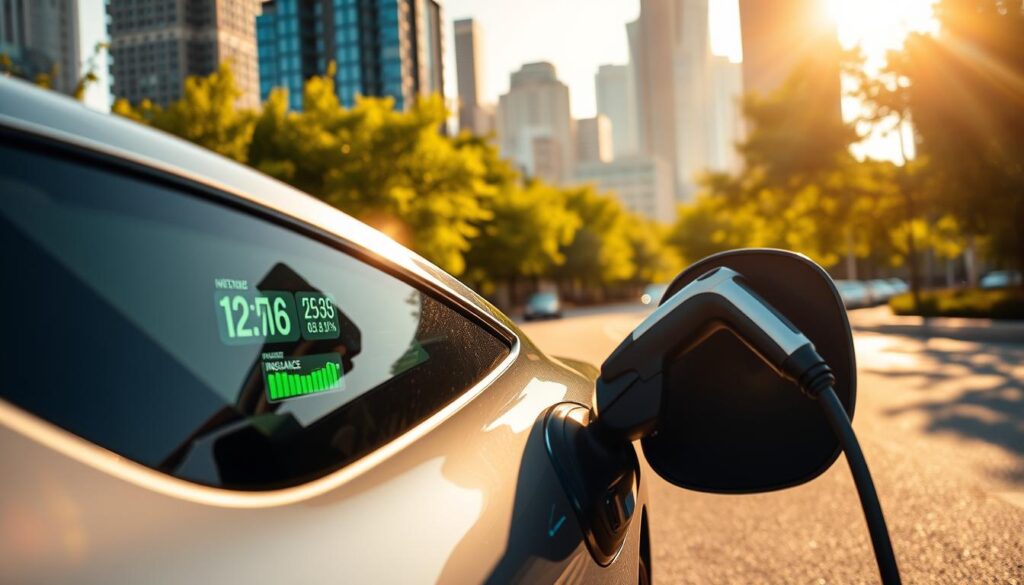 A modern, sleek electric vehicle charging on a sun-drenched street, its glossy exterior gleaming under the warm, golden light. The car's dashboard displays a vibrant infographic, highlighting the substantial savings in fuel and insurance costs compared to a traditional gasoline-powered vehicle. In the background, a cityscape of towering skyscrapers and lush, green trees creates a dynamic, forward-looking scene. The overall atmosphere conveys a sense of effortless eco-friendly living and the financial advantages of embracing sustainable transportation. A modern, sleek electric vehicle charging on a sun-drenched street, its glossy exterior gleaming under the warm, golden light. The car's dashboard displays a vibrant infographic, highlighting the substantial savings in fuel and insurance costs compared to a traditional gasoline-powered vehicle. In the background, a cityscape of towering skyscrapers and lush, green trees creates a dynamic, forward-looking scene. The overall atmosphere conveys a sense of effortless eco-friendly living and the financial advantages of embracing sustainable transportation.