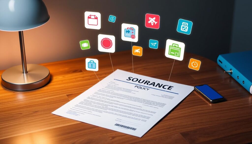 A modern, sleek insurance policy contract lies open on a wooden desk, surrounded by various add-on icons and upgrade symbols. A minimalist desk lamp casts a warm, focused light, highlighting the details. Colorful digital icons, representing medical coverage, travel assistance, and customizable policy options, float above the document, conveying the idea of personalization and flexibility. The composition emphasizes the customizability of the insurance plan, inviting the viewer to envision the tailored protection and peace of mind it can provide for their upcoming travels. A modern, sleek insurance policy contract lies open on a wooden desk, surrounded by various add-on icons and upgrade symbols. A minimalist desk lamp casts a warm, focused light, highlighting the details. Colorful digital icons, representing medical coverage, travel assistance, and customizable policy options, float above the document, conveying the idea of personalization and flexibility. The composition emphasizes the customizability of the insurance plan, inviting the viewer to envision the tailored protection and peace of mind it can provide for their upcoming travels.