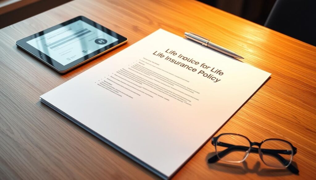 A modern, sleek life insurance policy document lies open on a wooden desk, surrounded by a tablet displaying an online quote, a pen, and a pair of reading glasses. The document's cover features a clean, minimalist design with a subtle emblem or logo, conveying a sense of security and professionalism. Soft, warm lighting from a nearby window casts a gentle glow over the scene, creating a welcoming and trustworthy atmosphere. The composition is well-balanced, with the key elements arranged in a visually appealing and intuitive layout, guiding the viewer's eye through the "quote to cover" process. A modern, sleek life insurance policy document lies open on a wooden desk, surrounded by a tablet displaying an online quote, a pen, and a pair of reading glasses. The document's cover features a clean, minimalist design with a subtle emblem or logo, conveying a sense of security and professionalism. Soft, warm lighting from a nearby window casts a gentle glow over the scene, creating a welcoming and trustworthy atmosphere. The composition is well-balanced, with the key elements arranged in a visually appealing and intuitive layout, guiding the viewer's eye through the "quote to cover" process.