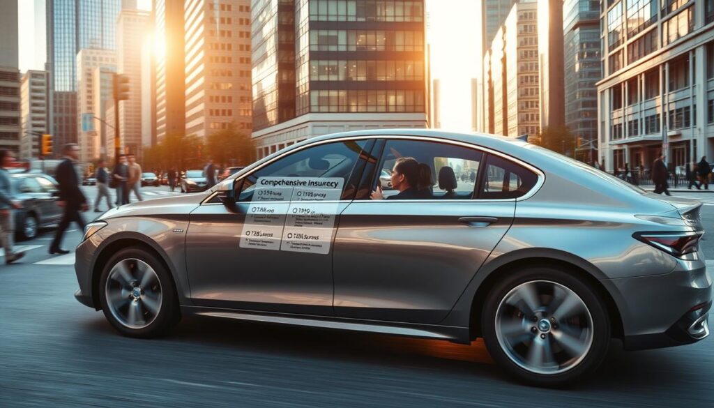 A modern, sleek sedan car with a shiny metallic finish gliding through a city street, surrounded by towering skyscrapers and bustling pedestrians. The car's dashboard displays a comprehensive insurance policy interface, showcasing various coverage options and details. Sunlight filters in through the car's windows, casting a warm, inviting glow over the interior. The composition emphasizes the car's prominent placement, conveying a sense of security and protection that comprehensive car insurance provides. The scene exudes a professional, aspirational atmosphere, reflecting the importance of having a robust insurance plan for one's vehicle. A modern, sleek sedan car with a shiny metallic finish gliding through a city street, surrounded by towering skyscrapers and bustling pedestrians. The car's dashboard displays a comprehensive insurance policy interface, showcasing various coverage options and details. Sunlight filters in through the car's windows, casting a warm, inviting glow over the interior. The composition emphasizes the car's prominent placement, conveying a sense of security and protection that comprehensive car insurance provides. The scene exudes a professional, aspirational atmosphere, reflecting the importance of having a robust insurance plan for one's vehicle.