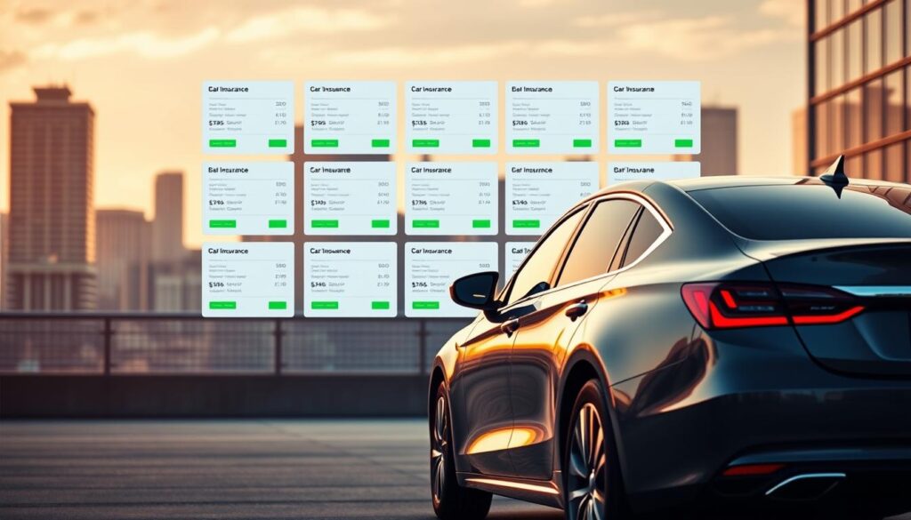 A modern, sleek sedan occupies the foreground, its glossy exterior reflecting the soft, warm lighting of an urban setting. In the middle ground, a collage of digital screens displays a variety of car insurance quotes, the information conveyed through clean, minimalist design. The background depicts a city skyline, hinting at the convenience and accessibility of online insurance comparison tools. The scene conveys a sense of financial empowerment, as the viewer is invited to navigate the digital landscape and find the most budget-friendly auto insurance options. A modern, sleek sedan occupies the foreground, its glossy exterior reflecting the soft, warm lighting of an urban setting. In the middle ground, a collage of digital screens displays a variety of car insurance quotes, the information conveyed through clean, minimalist design. The background depicts a city skyline, hinting at the convenience and accessibility of online insurance comparison tools. The scene conveys a sense of financial empowerment, as the viewer is invited to navigate the digital landscape and find the most budget-friendly auto insurance options.