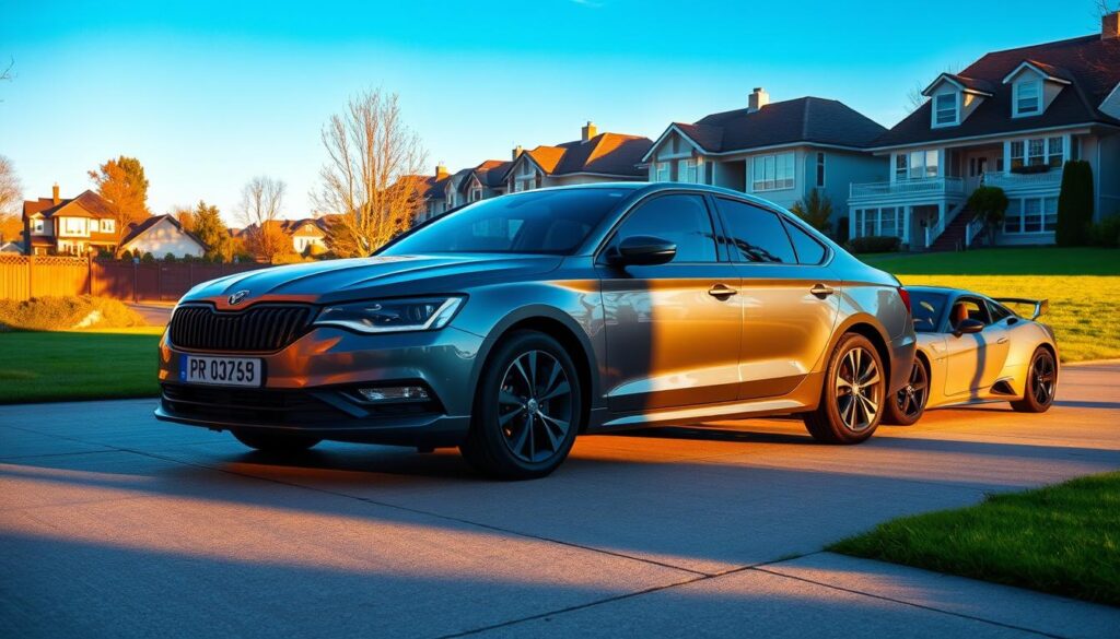 A modern, sleek sedan parked in a driveway, with two additional vehicles - a compact SUV and a sports car - situated nearby. The scene is illuminated by warm, golden sunlight, casting subtle shadows and highlighting the contours of the vehicles. The background features a well-manicured lawn, a picturesque suburban neighborhood, and a clear, blue sky. The overall composition conveys a sense of harmony, efficiency, and the convenience of having multiple cars covered under a single insurance policy. A modern, sleek sedan parked in a driveway, with two additional vehicles - a compact SUV and a sports car - situated nearby. The scene is illuminated by warm, golden sunlight, casting subtle shadows and highlighting the contours of the vehicles. The background features a well-manicured lawn, a picturesque suburban neighborhood, and a clear, blue sky. The overall composition conveys a sense of harmony, efficiency, and the convenience of having multiple cars covered under a single insurance policy.