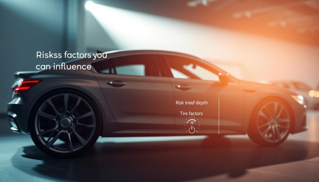 A modern, sleek sedan under the spotlight, its glossy exterior reflecting the bright, directional lighting. In the foreground, a visual representation of "risk factors you can influence" - a wheel with adjustable settings, tire tread depth, and a dashboard display showcasing parameters like driving habits and lifestyle choices. In the middle ground, the car's silhouette fades into a blurred backdrop, representing "risk factors you can't control" - demographics, location, and vehicle type. The scene conveys a sense of control and informed decision-making, guiding the viewer to understand the key elements that shape motor insurance premiums. A modern, sleek sedan under the spotlight, its glossy exterior reflecting the bright, directional lighting. In the foreground, a visual representation of "risk factors you can influence" - a wheel with adjustable settings, tire tread depth, and a dashboard display showcasing parameters like driving habits and lifestyle choices. In the middle ground, the car's silhouette fades into a blurred backdrop, representing "risk factors you can't control" - demographics, location, and vehicle type. The scene conveys a sense of control and informed decision-making, guiding the viewer to understand the key elements that shape motor insurance premiums.