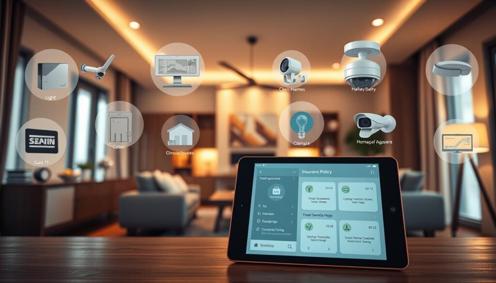 A modern, sleek smart home with various automated devices and systems prominently displayed, showcasing the range of home automation technologies available for insurance coverage. The scene is bathed in warm, diffused lighting, creating a cozy, inviting atmosphere. In the foreground, a tablet or touchscreen interface displays insurance policy details and comparison tools, with clean, minimalist design elements. The middle ground features smart home appliances, lighting, security cameras, and climate control systems, all seamlessly integrated. The background depicts a comfortable, stylish living room or kitchen, emphasizing the seamless integration of technology and home decor. A modern, sleek smart home with various automated devices and systems prominently displayed, showcasing the range of home automation technologies available for insurance coverage. The scene is bathed in warm, diffused lighting, creating a cozy, inviting atmosphere. In the foreground, a tablet or touchscreen interface displays insurance policy details and comparison tools, with clean, minimalist design elements. The middle ground features smart home appliances, lighting, security cameras, and climate control systems, all seamlessly integrated. The background depicts a comfortable, stylish living room or kitchen, emphasizing the seamless integration of technology and home decor.