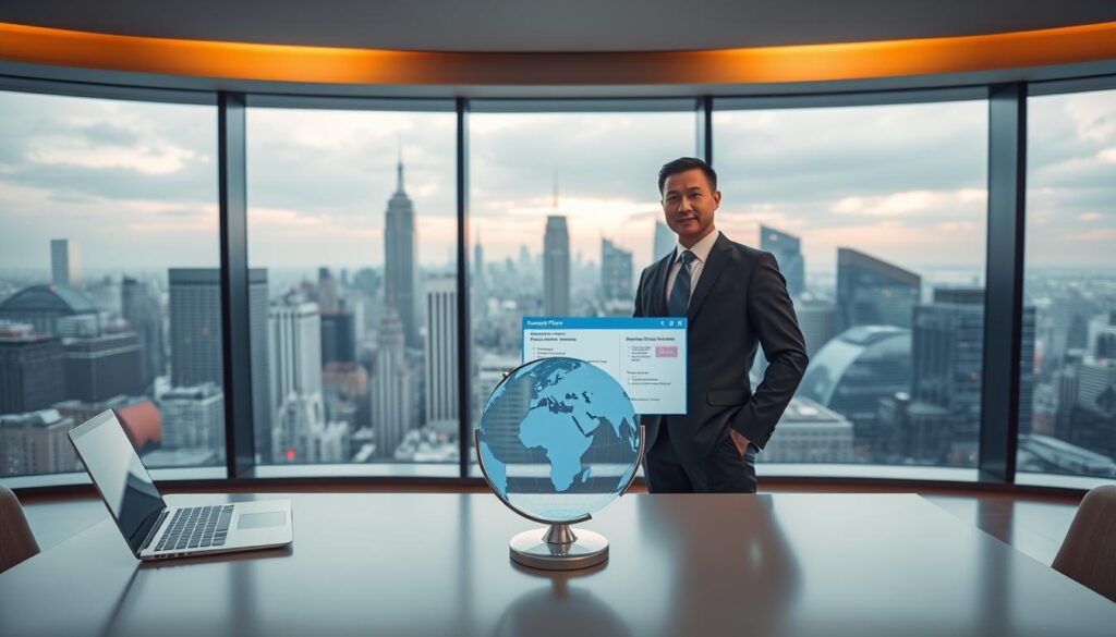 A modern, sophisticated office interior with an expansive panoramic window overlooking a bustling city skyline. In the foreground, a sleek, minimalist desk features a laptop, tablet, and a stylized globe icon, symbolizing the global reach of the insurance services. The middle ground showcases a well-dressed professional standing before a digital screen displaying insurance plan details, their expression conveying expertise and assurance. The background is illuminated by warm, indirect lighting, creating a sense of inviting professionalism. The overall atmosphere is one of efficiency, innovation, and a commitment to providing comprehensive, worldwide insurance solutions. A modern, sophisticated office interior with an expansive panoramic window overlooking a bustling city skyline. In the foreground, a sleek, minimalist desk features a laptop, tablet, and a stylized globe icon, symbolizing the global reach of the insurance services. The middle ground showcases a well-dressed professional standing before a digital screen displaying insurance plan details, their expression conveying expertise and assurance. The background is illuminated by warm, indirect lighting, creating a sense of inviting professionalism. The overall atmosphere is one of efficiency, innovation, and a commitment to providing comprehensive, worldwide insurance solutions.