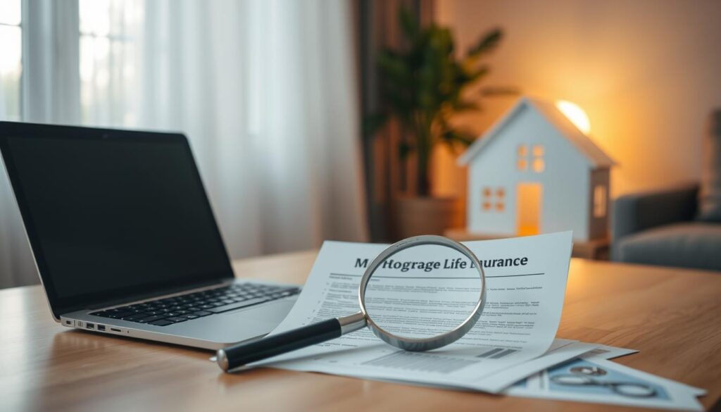 A modern, tranquil home office scene with a laptop, financial documents, and a magnifying glass examining a life insurance policy. Soft, warm lighting illuminates the scene, creating a contemplative atmosphere. In the background, a house silhouette represents a mortgage, seamlessly integrating the concept of mortgage life insurance. The composition emphasizes the importance of aligning one's life insurance coverage with a home loan, conveying a sense of financial responsibility and security. A modern, tranquil home office scene with a laptop, financial documents, and a magnifying glass examining a life insurance policy. Soft, warm lighting illuminates the scene, creating a contemplative atmosphere. In the background, a house silhouette represents a mortgage, seamlessly integrating the concept of mortgage life insurance. The composition emphasizes the importance of aligning one's life insurance coverage with a home loan, conveying a sense of financial responsibility and security.