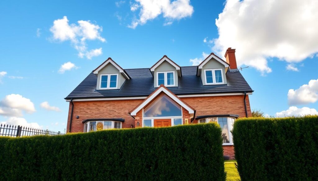 A modern two-story house with a well-manicured lawn, surrounded by a wrought-iron fence and tall hedges. The facade features a gabled roof, dormers, and large windows that let in plenty of natural light. The front door is made of sturdy oak, with a brass knocker and a gleaming brass mailbox nearby. In the foreground, a neatly trimmed hedge frames the entrance, leading the eye towards the house. The sky is a brilliant blue, with fluffy white clouds drifting overhead, casting soft shadows across the scene. The lighting is warm and inviting, suggesting a sense of security and comfort. This serene, high-value property epitomizes the quintessential British home that deserves the protection of a comprehensive insurance policy. A modern two-story house with a well-manicured lawn, surrounded by a wrought-iron fence and tall hedges. The facade features a gabled roof, dormers, and large windows that let in plenty of natural light. The front door is made of sturdy oak, with a brass knocker and a gleaming brass mailbox nearby. In the foreground, a neatly trimmed hedge frames the entrance, leading the eye towards the house. The sky is a brilliant blue, with fluffy white clouds drifting overhead, casting soft shadows across the scene. The lighting is warm and inviting, suggesting a sense of security and comfort. This serene, high-value property epitomizes the quintessential British home that deserves the protection of a comprehensive insurance policy.