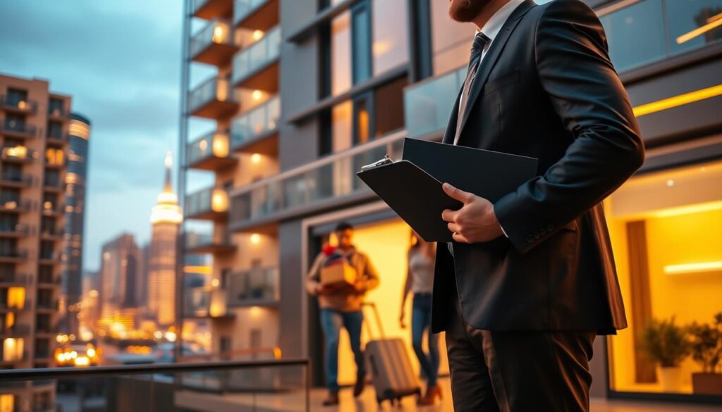 A modern, upscale apartment building with a professional landlord standing in the foreground, dressed in a suit and holding a clipboard. In the middle ground, a family of tenants happily move into their new home, carrying boxes and luggage. The background showcases a vibrant city skyline, bathed in warm, golden lighting that casts a cozy, inviting atmosphere. The scene conveys a sense of security, trust, and professionalism associated with a comprehensive landlord insurance policy. A modern, upscale apartment building with a professional landlord standing in the foreground, dressed in a suit and holding a clipboard. In the middle ground, a family of tenants happily move into their new home, carrying boxes and luggage. The background showcases a vibrant city skyline, bathed in warm, golden lighting that casts a cozy, inviting atmosphere. The scene conveys a sense of security, trust, and professionalism associated with a comprehensive landlord insurance policy.