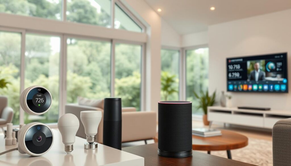 A modern, well-lit living room interior with an array of smart home devices prominently displayed. In the foreground, an intelligent thermostat, security camera, and smart light bulbs are neatly arranged on a sleek, minimalist shelving unit. In the middle ground, a voice-controlled smart speaker sits atop a side table, while a smart TV mounted on the wall displays an interface showcasing energy usage and home security settings. The background features floor-to-ceiling windows overlooking a lush, verdant landscape, creating a calming, nature-inspired atmosphere. The overall scene conveys a sense of technological integration and energy efficiency within a stylish, contemporary home setting. A modern, well-lit living room interior with an array of smart home devices prominently displayed. In the foreground, an intelligent thermostat, security camera, and smart light bulbs are neatly arranged on a sleek, minimalist shelving unit. In the middle ground, a voice-controlled smart speaker sits atop a side table, while a smart TV mounted on the wall displays an interface showcasing energy usage and home security settings. The background features floor-to-ceiling windows overlooking a lush, verdant landscape, creating a calming, nature-inspired atmosphere. The overall scene conveys a sense of technological integration and energy efficiency within a stylish, contemporary home setting.
