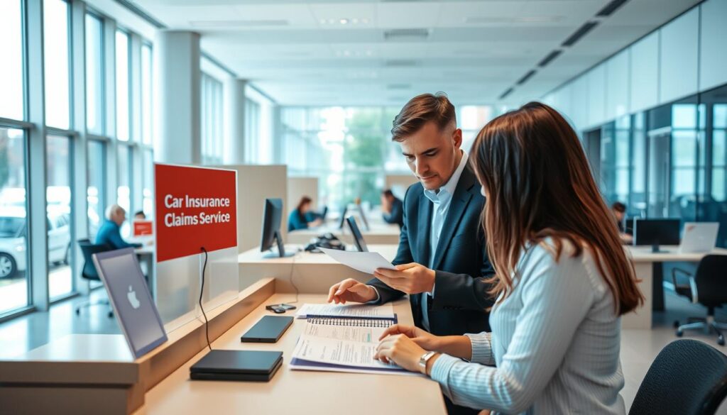 A modern, well-lit office interior with a reception desk and signage indicating "Car Insurance Claims Service". In the foreground, a customer service representative is assisting a client, discussing policy details and handling claim paperwork. The middle ground features other staff members working at their desks, creating a sense of a busy, efficient workspace. The background showcases floor-to-ceiling windows, allowing natural light to flood the space and convey a professional, trustworthy atmosphere. The overall scene depicts a streamlined, customer-focused claims experience that balances personalized service with technological efficiency. A modern, well-lit office interior with a reception desk and signage indicating "Car Insurance Claims Service". In the foreground, a customer service representative is assisting a client, discussing policy details and handling claim paperwork. The middle ground features other staff members working at their desks, creating a sense of a busy, efficient workspace. The background showcases floor-to-ceiling windows, allowing natural light to flood the space and convey a professional, trustworthy atmosphere. The overall scene depicts a streamlined, customer-focused claims experience that balances personalized service with technological efficiency.