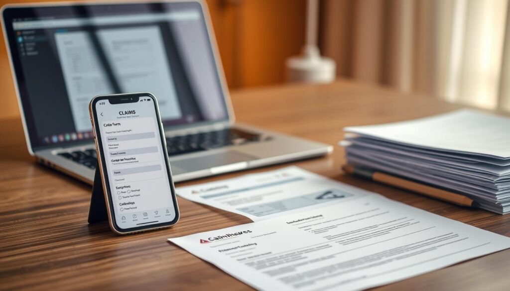 A neatly organized desk with a smartphone, laptop, and a stack of paperwork, all set against a warm, inviting backdrop. The smartphone's screen displays a digital claim form, its interface intuitive and user-friendly. Soft, directional lighting casts a gentle glow, creating a sense of efficiency and professionalism. The scene conveys the seamless process of submitting a claim, with the technology and paperwork working in harmony to get the user back online quickly and effortlessly. A neatly organized desk with a smartphone, laptop, and a stack of paperwork, all set against a warm, inviting backdrop. The smartphone's screen displays a digital claim form, its interface intuitive and user-friendly. Soft, directional lighting casts a gentle glow, creating a sense of efficiency and professionalism. The scene conveys the seamless process of submitting a claim, with the technology and paperwork working in harmony to get the user back online quickly and effortlessly.