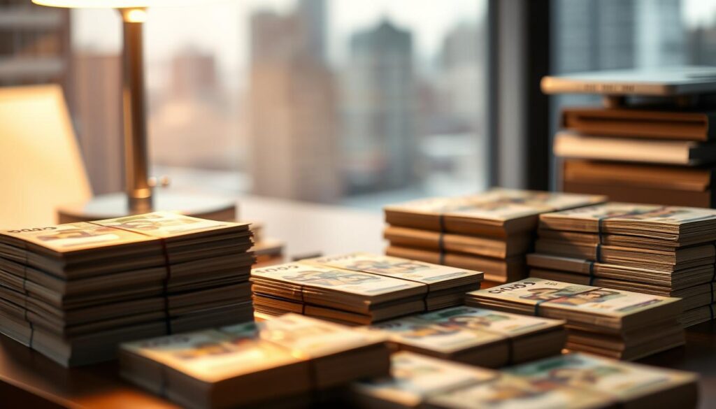 A neatly organized desk with stacks of Australian dollar bills, meticulously arranged in a grid pattern. Soft, warm lighting from a desk lamp casts a subtle glow, creating a sense of professionalism and attention to detail. In the background, a blurred image of a business skyline or office building, hinting at the corporate context. The overall scene conveys the importance of accurate wage calculations and their impact on business operations and insurance premiums. A neatly organized desk with stacks of Australian dollar bills, meticulously arranged in a grid pattern. Soft, warm lighting from a desk lamp casts a subtle glow, creating a sense of professionalism and attention to detail. In the background, a blurred image of a business skyline or office building, hinting at the corporate context. The overall scene conveys the importance of accurate wage calculations and their impact on business operations and insurance premiums.