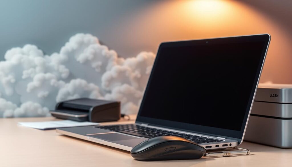 A neatly organized office desk with an array of business-critical equipment, including a sturdy laptop, a sleek wireless mouse, and a professional document scanner. In the background, a cloud-like gradient of soft blues and grays creates a sense of security and protection, while subtle lighting from above casts a warm glow on the scene. The overall composition conveys the importance of safeguarding essential business tools, with a focus on reliability, efficiency, and attention to detail. A neatly organized office desk with an array of business-critical equipment, including a sturdy laptop, a sleek wireless mouse, and a professional document scanner. In the background, a cloud-like gradient of soft blues and grays creates a sense of security and protection, while subtle lighting from above casts a warm glow on the scene. The overall composition conveys the importance of safeguarding essential business tools, with a focus on reliability, efficiency, and attention to detail.