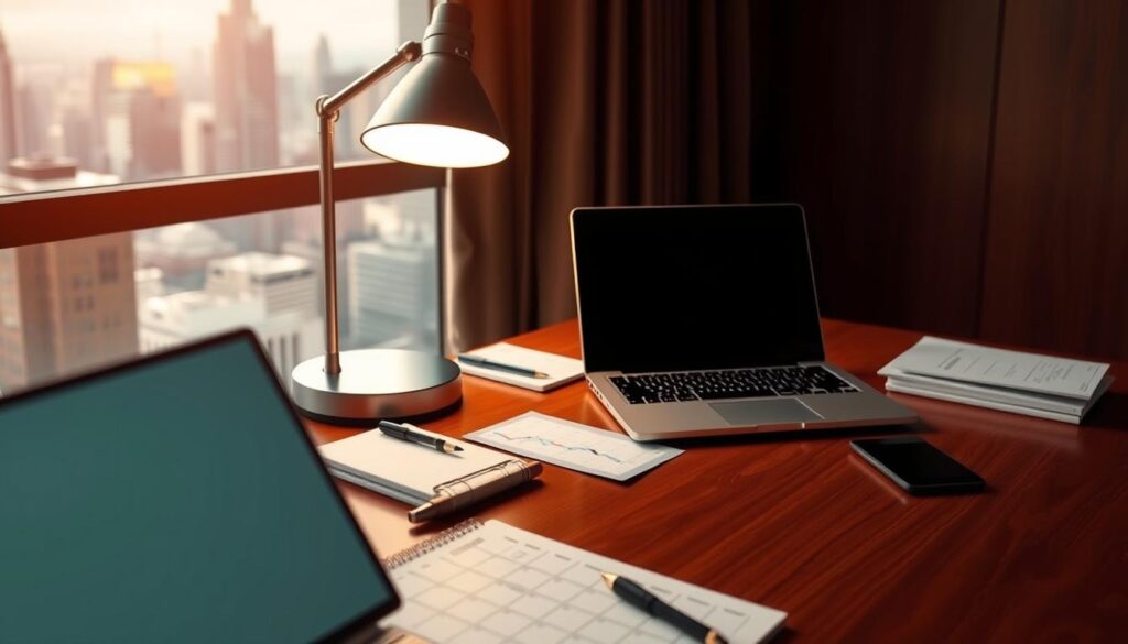 A neatly organized workspace with a laptop, calendar, and stationery items arranged on a polished wooden desk. Warm, directional lighting from a desk lamp illuminates the scene, casting soft shadows. In the background, a window overlooks a bustling city skyline, hinting at the executive's global business travel. The overall mood is one of efficiency, planning, and a sense of productive focus, reflecting the section title "Executive travel medical coverage Canada: plan options tailored to how you travel". A neatly organized workspace with a laptop, calendar, and stationery items arranged on a polished wooden desk. Warm, directional lighting from a desk lamp illuminates the scene, casting soft shadows. In the background, a window overlooks a bustling city skyline, hinting at the executive's global business travel. The overall mood is one of efficiency, planning, and a sense of productive focus, reflecting the section title "Executive travel medical coverage Canada: plan options tailored to how you travel".