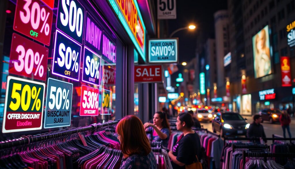 A neon-lit storefront displaying various discount signs, offering a range of enticing savings. The window displays an array of visually striking elements, from bold percentage discounts to colorful graphic design. In the middle ground, customers browse through racks of discounted merchandise, their expressions conveying a sense of excitement and anticipation. The background features a bustling urban street, with the warm glow of streetlights and the blur of passing vehicles, creating a dynamic and energetic atmosphere. The lighting is a blend of cool and warm tones, highlighting the contrast between the vibrant discounts and the city's nighttime ambiance. A neon-lit storefront displaying various discount signs, offering a range of enticing savings. The window displays an array of visually striking elements, from bold percentage discounts to colorful graphic design. In the middle ground, customers browse through racks of discounted merchandise, their expressions conveying a sense of excitement and anticipation. The background features a bustling urban street, with the warm glow of streetlights and the blur of passing vehicles, creating a dynamic and energetic atmosphere. The lighting is a blend of cool and warm tones, highlighting the contrast between the vibrant discounts and the city's nighttime ambiance.
