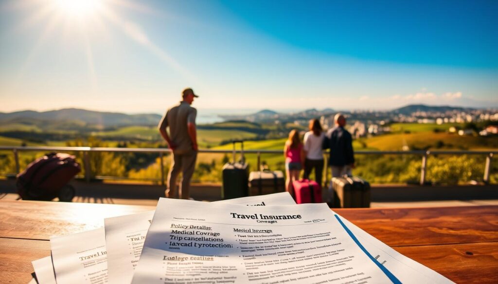 A panoramic image of various travel insurance coverages against a backdrop of a vibrant, sun-drenched landscape. In the foreground, a stack of documents showcasing different policy details, medical coverage, trip cancellation, and luggage protection. In the middle ground, a family preparing for a journey, surrounded by suitcases and travel gear. In the background, a scenic vista of rolling hills, a distant city skyline, and a clear, azure sky. The lighting is soft and warm, creating a sense of security and reassurance. The overall mood is one of preparedness, exploration, and the peace of mind that travel insurance can provide. A panoramic image of various travel insurance coverages against a backdrop of a vibrant, sun-drenched landscape. In the foreground, a stack of documents showcasing different policy details, medical coverage, trip cancellation, and luggage protection. In the middle ground, a family preparing for a journey, surrounded by suitcases and travel gear. In the background, a scenic vista of rolling hills, a distant city skyline, and a clear, azure sky. The lighting is soft and warm, creating a sense of security and reassurance. The overall mood is one of preparedness, exploration, and the peace of mind that travel insurance can provide.