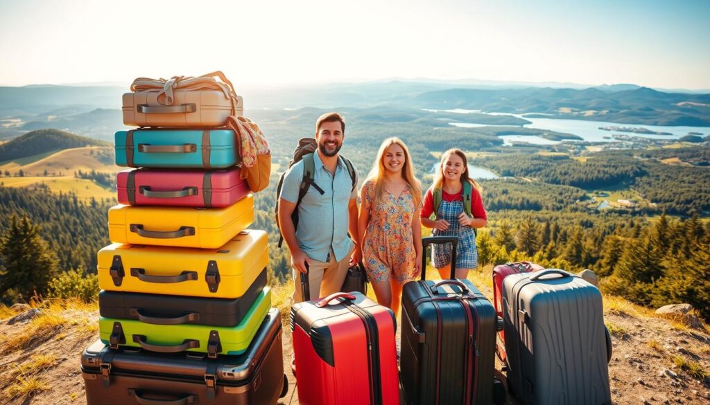 A panoramic scene of a vibrant, sun-drenched landscape unfolds, with a prominent focal point of a family of four embarking on their latest adventure. In the foreground, a stack of colorful suitcases and backpacks symbolize the joys of multi-trip travel. The middle ground features the family, dressed in casual yet stylish attire, eagerly preparing for their journey, their expressions radiating excitement and anticipation. In the background, a picturesque vista of rolling hills, lush forests, and a serene lake creates a breathtaking backdrop, hinting at the diverse destinations awaiting their exploration. The lighting is warm and golden, casting a soft, inviting glow over the entire scene, while the camera angle captures a dynamic, wide-angle perspective, emphasizing the sense of adventure and exploration. A panoramic scene of a vibrant, sun-drenched landscape unfolds, with a prominent focal point of a family of four embarking on their latest adventure. In the foreground, a stack of colorful suitcases and backpacks symbolize the joys of multi-trip travel. The middle ground features the family, dressed in casual yet stylish attire, eagerly preparing for their journey, their expressions radiating excitement and anticipation. In the background, a picturesque vista of rolling hills, lush forests, and a serene lake creates a breathtaking backdrop, hinting at the diverse destinations awaiting their exploration. The lighting is warm and golden, casting a soft, inviting glow over the entire scene, while the camera angle captures a dynamic, wide-angle perspective, emphasizing the sense of adventure and exploration.