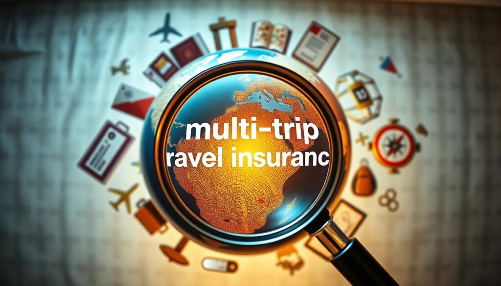 A panoramic view of a globe encircled by travel-related icons - a passport, airline tickets, a suitcase, a map, and a compass. In the foreground, a magnifying glass hovers, highlighting the "multi-trip travel insurance" text in the center. The scene is bathed in a warm, golden light, conveying a sense of security and protection for frequent travellers. The background features a subtle pattern of interlocking puzzle pieces, symbolizing the comprehensive coverage and seamless integration of the annual multi-trip travel insurance plan. A panoramic view of a globe encircled by travel-related icons - a passport, airline tickets, a suitcase, a map, and a compass. In the foreground, a magnifying glass hovers, highlighting the "multi-trip travel insurance" text in the center. The scene is bathed in a warm, golden light, conveying a sense of security and protection for frequent travellers. The background features a subtle pattern of interlocking puzzle pieces, symbolizing the comprehensive coverage and seamless integration of the annual multi-trip travel insurance plan.