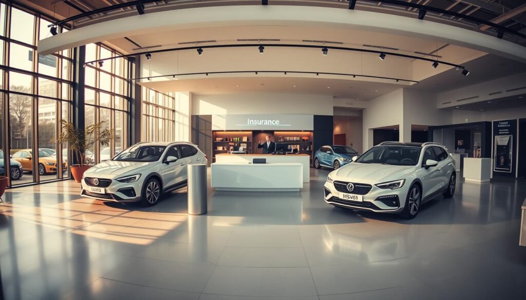 A panoramic view of a modern insurance agency showroom, bathed in warm, diffused lighting from large windows. In the foreground, a sleek, showcase display of various car models representing the insurance providers, each with a distinct brand identity and visual style. The middle ground features a minimalist, yet inviting reception desk where customer service representatives guide clients through the best insurance plans. In the background, a subtle, professional office atmosphere with tasteful decor and subtle branding elements hints at the expertise and reliability of the insurers. The overall mood is one of sophistication, trust and consumer-centric service. A panoramic view of a modern insurance agency showroom, bathed in warm, diffused lighting from large windows. In the foreground, a sleek, showcase display of various car models representing the insurance providers, each with a distinct brand identity and visual style. The middle ground features a minimalist, yet inviting reception desk where customer service representatives guide clients through the best insurance plans. In the background, a subtle, professional office atmosphere with tasteful decor and subtle branding elements hints at the expertise and reliability of the insurers. The overall mood is one of sophistication, trust and consumer-centric service.
