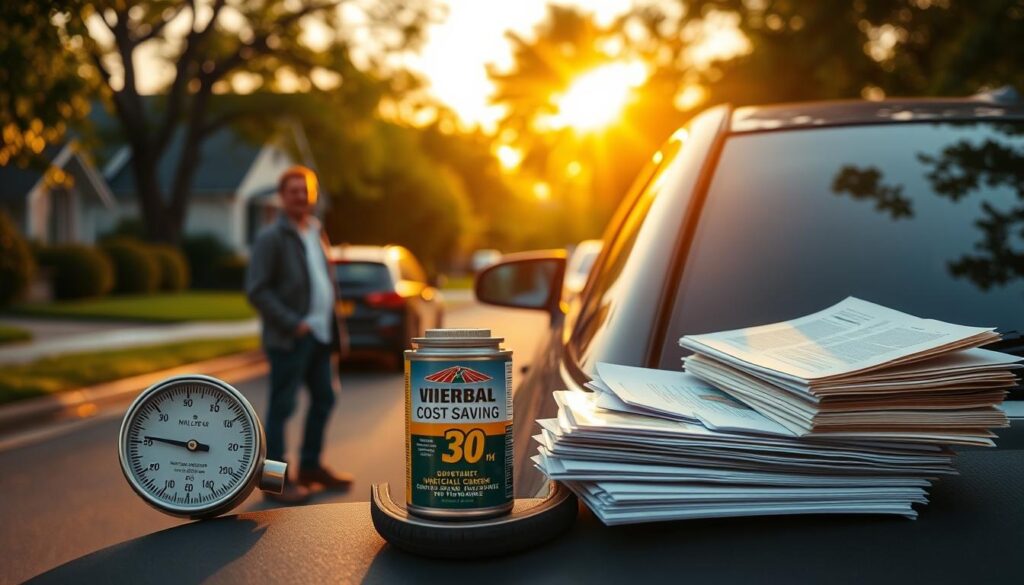 A peaceful suburban street, the sun casting warm, golden light onto a parked car. In the foreground, a person stands admiring their vehicle, a look of content on their face. In the middle ground, various cost-saving items are strategically placed - a tire pressure gauge, a can of high-mileage oil, and a stack of insurance documents. The background depicts a serene, tree-lined neighborhood, conveying a sense of security and protection. The image exudes a mood of thoughtful financial responsibility, where the individual has found a balance between cost-cutting measures and maintaining the well-being of their prized possession. A peaceful suburban street, the sun casting warm, golden light onto a parked car. In the foreground, a person stands admiring their vehicle, a look of content on their face. In the middle ground, various cost-saving items are strategically placed - a tire pressure gauge, a can of high-mileage oil, and a stack of insurance documents. The background depicts a serene, tree-lined neighborhood, conveying a sense of security and protection. The image exudes a mood of thoughtful financial responsibility, where the individual has found a balance between cost-cutting measures and maintaining the well-being of their prized possession.