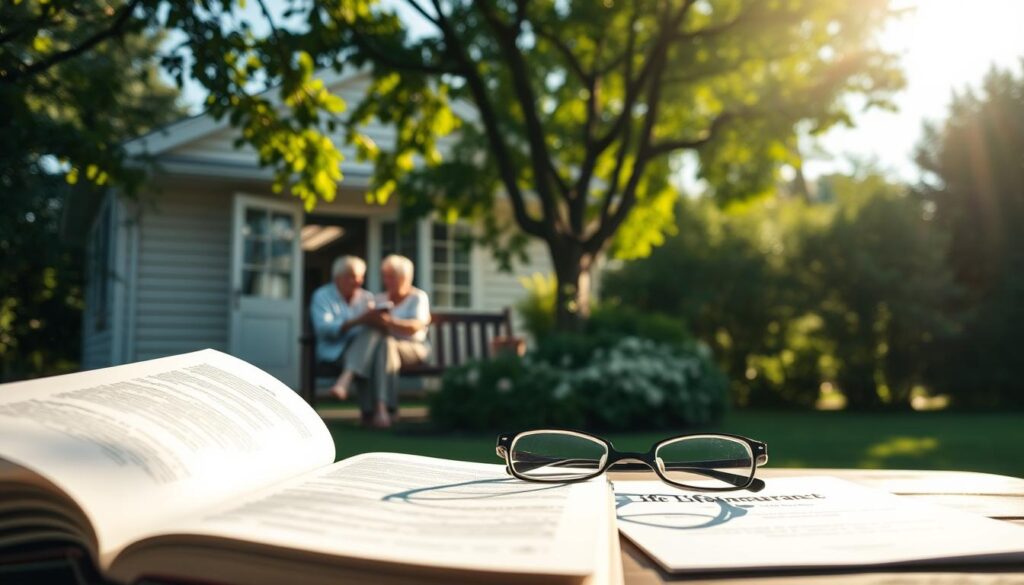 A peaceful, sun-dappled retirement home nestled amid lush greenery, with a serene older couple sitting on a wooden bench, deep in conversation. In the foreground, an open book and a pair of reading glasses suggest the importance of financial planning, while in the background, a symbolic life insurance policy document rests on a table, casting a protective shadow over the scene. The lighting is soft and warm, conveying a sense of security and wellbeing. Captured through a medium-wide lens, the composition emphasizes the tranquility and comfort of a well-prepared retirement. A peaceful, sun-dappled retirement home nestled amid lush greenery, with a serene older couple sitting on a wooden bench, deep in conversation. In the foreground, an open book and a pair of reading glasses suggest the importance of financial planning, while in the background, a symbolic life insurance policy document rests on a table, casting a protective shadow over the scene. The lighting is soft and warm, conveying a sense of security and wellbeing. Captured through a medium-wide lens, the composition emphasizes the tranquility and comfort of a well-prepared retirement.