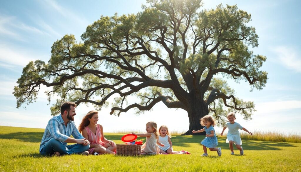 A peaceful, sun-dappled scene of a young family enjoying a picnic on a lush, verdant lawn. In the foreground, a smiling couple sit together, their hands clasped as they gaze fondly at their two young children playing nearby. The children, filled with joyful energy, chase after a frisbee, their laughter echoing through the tranquil setting. In the middle ground, a grand oak tree casts a gentle shade, its branches reaching out protectively. The background is dominated by a sprawling blue sky, with soft, wispy clouds drifting above. The entire scene conveys a sense of security, comfort, and the importance of protecting one's loved ones, as befitting the concept of term life insurance. A peaceful, sun-dappled scene of a young family enjoying a picnic on a lush, verdant lawn. In the foreground, a smiling couple sit together, their hands clasped as they gaze fondly at their two young children playing nearby. The children, filled with joyful energy, chase after a frisbee, their laughter echoing through the tranquil setting. In the middle ground, a grand oak tree casts a gentle shade, its branches reaching out protectively. The background is dominated by a sprawling blue sky, with soft, wispy clouds drifting above. The entire scene conveys a sense of security, comfort, and the importance of protecting one's loved ones, as befitting the concept of term life insurance.