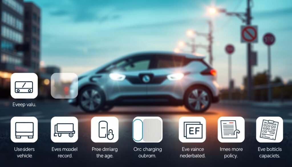 A photorealistic digital illustration depicting the key factors that influence electric vehicle (EV) insurance rates. The foreground features several icons representing the main drivers of EV insurance costs, such as the vehicle's make, model, and value, the driver's age and driving record, and the EV's charging and battery capacity. The middle ground showcases an EV against a blurred urban backdrop, illuminated by realistic lighting and rendered with a high level of detail. The background contains subtler visual cues related to EV ownership and insurance, such as road signs, utility poles, and insurance policy documents. The overall scene conveys a sense of informative clarity and visual sophistication, suitable for an educational article on EV insurance. A photorealistic digital illustration depicting the key factors that influence electric vehicle (EV) insurance rates. The foreground features several icons representing the main drivers of EV insurance costs, such as the vehicle's make, model, and value, the driver's age and driving record, and the EV's charging and battery capacity. The middle ground showcases an EV against a blurred urban backdrop, illuminated by realistic lighting and rendered with a high level of detail. The background contains subtler visual cues related to EV ownership and insurance, such as road signs, utility poles, and insurance policy documents. The overall scene conveys a sense of informative clarity and visual sophistication, suitable for an educational article on EV insurance.