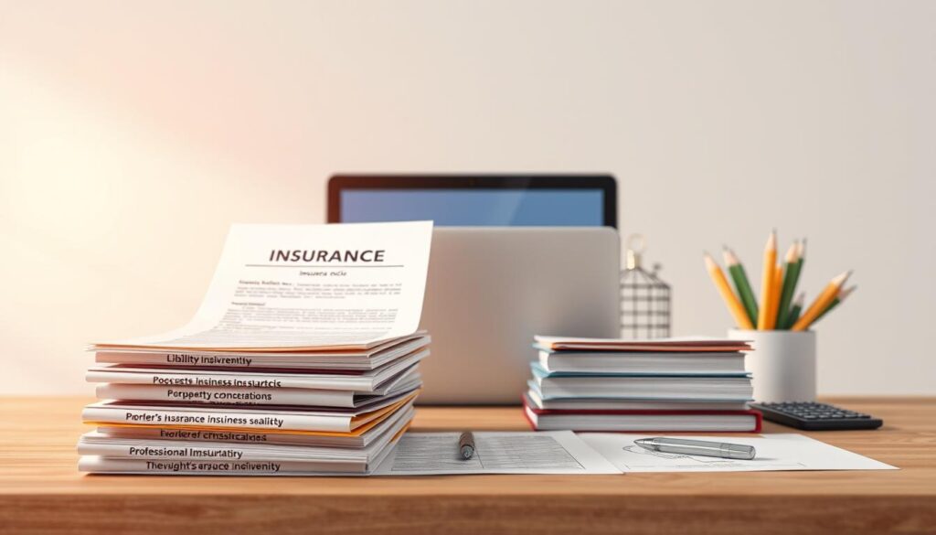 A photorealistic illustration of various types of business insurance policies against a clean, minimal background. The foreground features neatly stacked documents, folders, and icons representing different insurance coverages such as liability, property, worker's compensation, and professional indemnity. The middle ground showcases a modern office setting with a laptop, pen, and calculator to convey the business context. The background has a soft, blurred effect to maintain focus on the insurance products. Subtle warm lighting from the side creates depth and highlights the textures of the materials. The overall mood is professional, organized, and informative, suitable for an article on startup insurance plans in Australia. A photorealistic illustration of various types of business insurance policies against a clean, minimal background. The foreground features neatly stacked documents, folders, and icons representing different insurance coverages such as liability, property, worker's compensation, and professional indemnity. The middle ground showcases a modern office setting with a laptop, pen, and calculator to convey the business context. The background has a soft, blurred effect to maintain focus on the insurance products. Subtle warm lighting from the side creates depth and highlights the textures of the materials. The overall mood is professional, organized, and informative, suitable for an article on startup insurance plans in Australia.