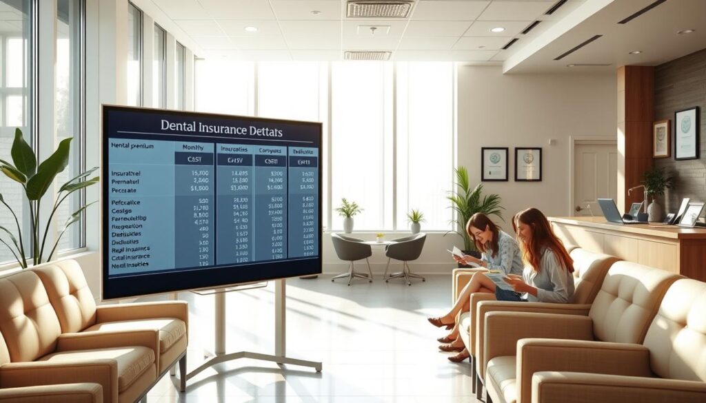 A pristine dental office lobby, illuminated by soft, natural light streaming through large windows. In the foreground, a sleek digital display showcases detailed dental insurance cost breakdowns, from monthly premiums to co-pays and deductibles. The middle ground features plush seating areas, where patients pore over insurance pamphlets, weighing their options. In the background, a receptionist's desk stands ready, flanked by potted plants and framed dental certificates. The overall atmosphere conveys a sense of professionalism and transparency, inviting patients to make informed decisions about their dental coverage. A pristine dental office lobby, illuminated by soft, natural light streaming through large windows. In the foreground, a sleek digital display showcases detailed dental insurance cost breakdowns, from monthly premiums to co-pays and deductibles. The middle ground features plush seating areas, where patients pore over insurance pamphlets, weighing their options. In the background, a receptionist's desk stands ready, flanked by potted plants and framed dental certificates. The overall atmosphere conveys a sense of professionalism and transparency, inviting patients to make informed decisions about their dental coverage.