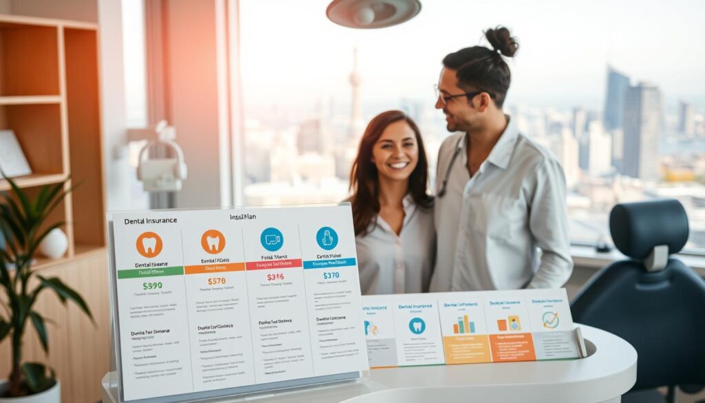 A pristine dental office setting, with a warm, inviting atmosphere. In the foreground, a display showcases a range of dental insurance plans, each with distinct icons and color schemes. The middle ground features a smiling patient discussing options with a knowledgeable dental receptionist. In the background, a panoramic view of the city skyline, bathed in soft, natural lighting, suggests the accessibility and convenience of these comprehensive dental vision plans. The overall composition conveys a sense of trust, care, and the ability to find the perfect coverage tailored to individual needs. A pristine dental office setting, with a warm, inviting atmosphere. In the foreground, a display showcases a range of dental insurance plans, each with distinct icons and color schemes. The middle ground features a smiling patient discussing options with a knowledgeable dental receptionist. In the background, a panoramic view of the city skyline, bathed in soft, natural lighting, suggests the accessibility and convenience of these comprehensive dental vision plans. The overall composition conveys a sense of trust, care, and the ability to find the perfect coverage tailored to individual needs.