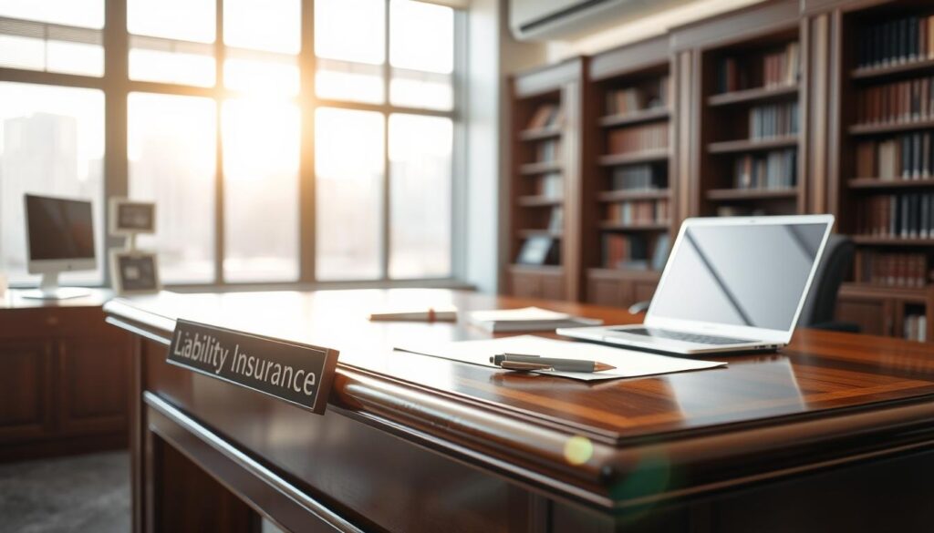 A pristine office interior, bathed in warm, natural light filtering through large windows. In the foreground, a polished, wooden desk with a nameplate reading "Liability Insurance" sits prominently. On the desk, a pen, some documents, and a laptop computer convey a sense of professional activity. The middle ground features bookshelves lining the walls, hinting at the depth of knowledge and expertise within. In the background, a subtle yet sophisticated color palette of muted grays and blues creates a calming, authoritative atmosphere. The overall scene exudes a sense of reliability, security, and the reassuring presence of a comprehensive professional liability policy. A pristine office interior, bathed in warm, natural light filtering through large windows. In the foreground, a polished, wooden desk with a nameplate reading "Liability Insurance" sits prominently. On the desk, a pen, some documents, and a laptop computer convey a sense of professional activity. The middle ground features bookshelves lining the walls, hinting at the depth of knowledge and expertise within. In the background, a subtle yet sophisticated color palette of muted grays and blues creates a calming, authoritative atmosphere. The overall scene exudes a sense of reliability, security, and the reassuring presence of a comprehensive professional liability policy.