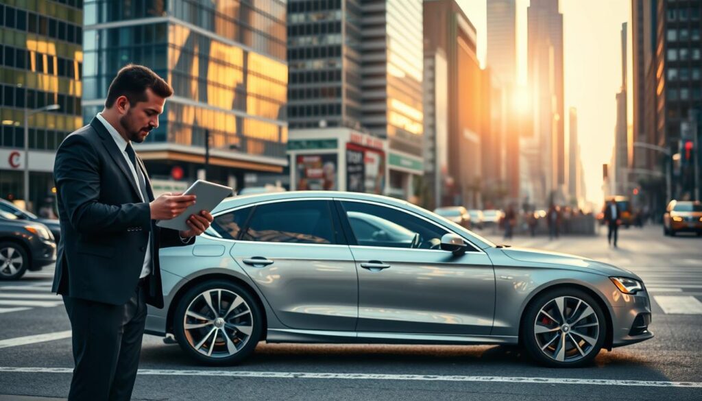 A pristine, sleek sedan parked on a city street, its metallic finish gleaming in the warm afternoon light. In the foreground, a well-dressed individual examines a tablet, comparing insurance quotes against a backdrop of skyscrapers and bustling urban activity. The scene conveys a sense of efficiency, modernity, and the ease of accessing personalized car insurance options at one's fingertips. Subtle visual cues, such as a smartphone or a laptop, reinforce the digital nature of the insurance comparison process, while the overall composition suggests a seamless integration of technology and personal finance. A pristine, sleek sedan parked on a city street, its metallic finish gleaming in the warm afternoon light. In the foreground, a well-dressed individual examines a tablet, comparing insurance quotes against a backdrop of skyscrapers and bustling urban activity. The scene conveys a sense of efficiency, modernity, and the ease of accessing personalized car insurance options at one's fingertips. Subtle visual cues, such as a smartphone or a laptop, reinforce the digital nature of the insurance comparison process, while the overall composition suggests a seamless integration of technology and personal finance.