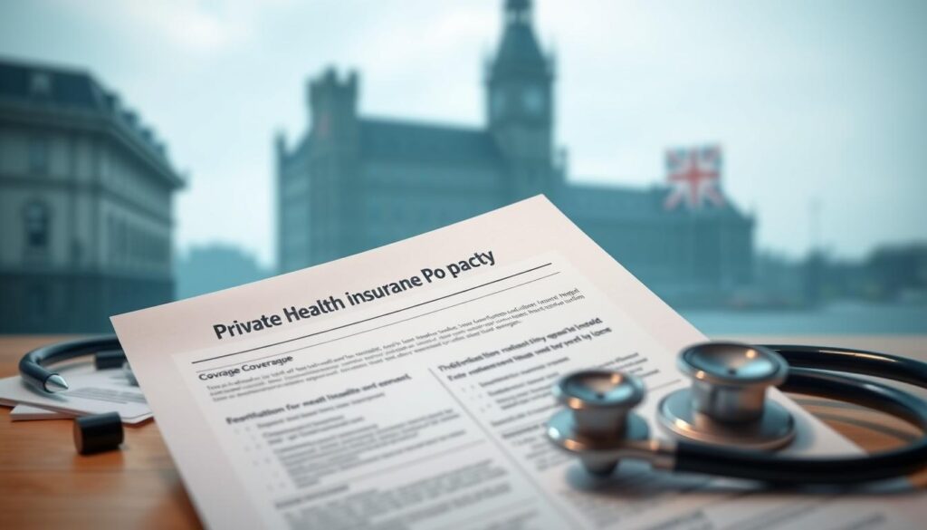 A private health insurance policy, its coverage prominently displayed, hovers in the foreground, a soft halo of light illuminating its details. In the middle ground, a stethoscope and medical forms suggest the practical application of the policy, while the distant background depicts the iconic silhouette of a hospital, a symbol of the British National Health Service. The scene conveys a sense of accessibility and integration, where private insurance complements the public healthcare system, offering individuals the flexibility to navigate their personal healthcare needs. A private health insurance policy, its coverage prominently displayed, hovers in the foreground, a soft halo of light illuminating its details. In the middle ground, a stethoscope and medical forms suggest the practical application of the policy, while the distant background depicts the iconic silhouette of a hospital, a symbol of the British National Health Service. The scene conveys a sense of accessibility and integration, where private insurance complements the public healthcare system, offering individuals the flexibility to navigate their personal healthcare needs.