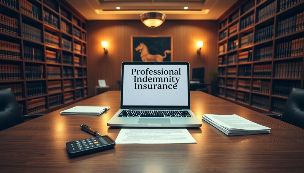 A professional business office interior, with a large desk in the center. On the desk, a laptop computer displays an insurance policy document titled "Professional Indemnity Insurance". Beside the laptop, a pen, a calculator, and a stack of documents. The walls are lined with bookshelves filled with legal tomes. Warm, directional lighting casts a soft glow throughout the room, creating a sense of professionalism and attention to detail. The camera angle is positioned slightly above the desk, looking down at the scene with a sense of authority and expertise. A professional business office interior, with a large desk in the center. On the desk, a laptop computer displays an insurance policy document titled "Professional Indemnity Insurance". Beside the laptop, a pen, a calculator, and a stack of documents. The walls are lined with bookshelves filled with legal tomes. Warm, directional lighting casts a soft glow throughout the room, creating a sense of professionalism and attention to detail. The camera angle is positioned slightly above the desk, looking down at the scene with a sense of authority and expertise.