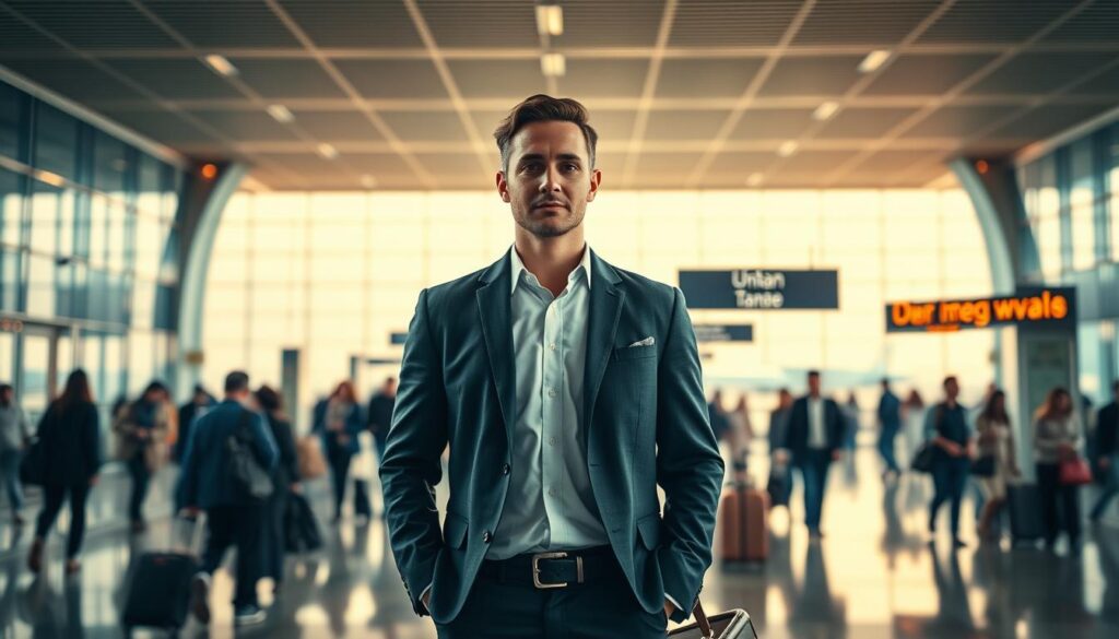 A professional business person stands in an airport terminal, briefcase in hand, surrounded by the bustling activity of travelers. Soft, warm lighting illuminates the scene, creating a sense of purpose and urgency. The terminal's sleek, modern architecture provides a striking backdrop, with clean lines and large windows offering glimpses of the tarmac beyond. The traveler's expression is focused and determined, reflecting the importance of their journey. The prompt aims to convey the essential elements of business travel, from the practical necessities to the atmosphere of international mobility and enterprise. A professional business person stands in an airport terminal, briefcase in hand, surrounded by the bustling activity of travelers. Soft, warm lighting illuminates the scene, creating a sense of purpose and urgency. The terminal's sleek, modern architecture provides a striking backdrop, with clean lines and large windows offering glimpses of the tarmac beyond. The traveler's expression is focused and determined, reflecting the importance of their journey. The prompt aims to convey the essential elements of business travel, from the practical necessities to the atmosphere of international mobility and enterprise.