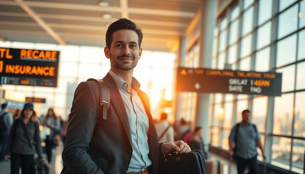 A professional business traveler standing in a bustling airport, briefcase in hand, surrounded by a sea of travelers. The scene is bathed in warm, golden light filtering through large windows, conveying a sense of efficiency and purpose. In the background, a vibrant city skyline is visible, hinting at the global reach of the traveler's work. Subtle details like luggage tags, security checkpoints, and boarding announcements add authenticity to the image, while a calm, confident expression on the traveler's face suggests the reassurance of comprehensive corporate trip insurance coverage. A professional business traveler standing in a bustling airport, briefcase in hand, surrounded by a sea of travelers. The scene is bathed in warm, golden light filtering through large windows, conveying a sense of efficiency and purpose. In the background, a vibrant city skyline is visible, hinting at the global reach of the traveler's work. Subtle details like luggage tags, security checkpoints, and boarding announcements add authenticity to the image, while a calm, confident expression on the traveler's face suggests the reassurance of comprehensive corporate trip insurance coverage.