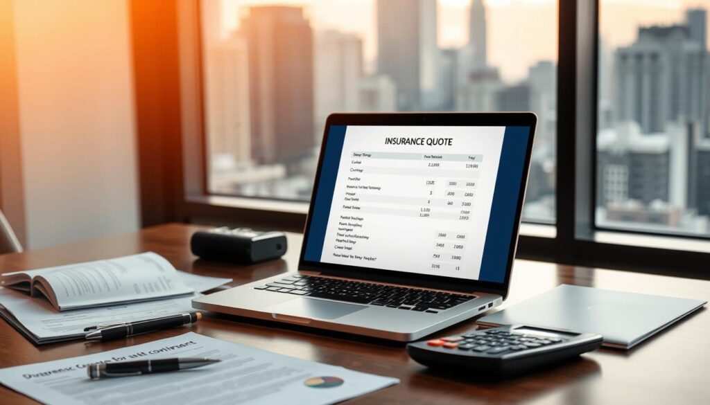 A professional insurance agent's desk, bathed in warm, soft lighting. On the desk, a laptop displays an insurance quote - clean, minimalist interface with key coverage details highlighted. Neatly arranged around the laptop, various business documents, a pen, and a calculator convey a sense of diligent, thoughtful policy planning. In the background, a blurred city skyline, suggesting the policy's connection to the broader business landscape. The overall atmosphere exudes confidence, expertise, and a commitment to finding the right coverage solutions. A professional insurance agent's desk, bathed in warm, soft lighting. On the desk, a laptop displays an insurance quote - clean, minimalist interface with key coverage details highlighted. Neatly arranged around the laptop, various business documents, a pen, and a calculator convey a sense of diligent, thoughtful policy planning. In the background, a blurred city skyline, suggesting the policy's connection to the broader business landscape. The overall atmosphere exudes confidence, expertise, and a commitment to finding the right coverage solutions.