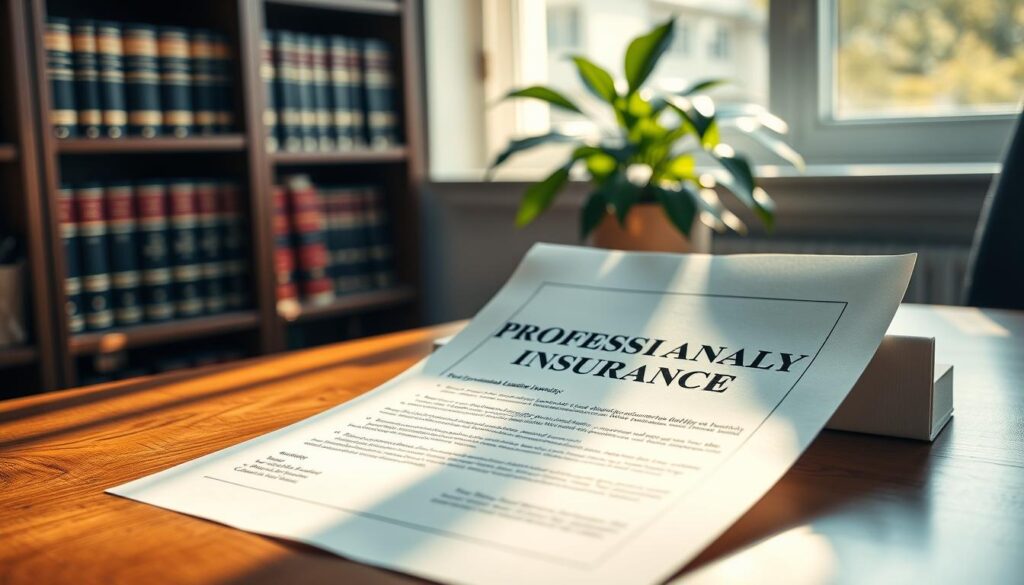 A professional liability insurance policy document is the focal point of the image, prominently displayed on a wooden desk. The document is illuminated by soft, natural lighting from a window, casting warm shadows and highlights across the surface. In the background, a bookshelf filled with legal tomes and a potted plant add depth and a sense of a professional office setting. The overall mood is one of thoughtfulness and attention to detail, reflecting the importance of this type of insurance coverage for business advisors in Canada. A professional liability insurance policy document is the focal point of the image, prominently displayed on a wooden desk. The document is illuminated by soft, natural lighting from a window, casting warm shadows and highlights across the surface. In the background, a bookshelf filled with legal tomes and a potted plant add depth and a sense of a professional office setting. The overall mood is one of thoughtfulness and attention to detail, reflecting the importance of this type of insurance coverage for business advisors in Canada.