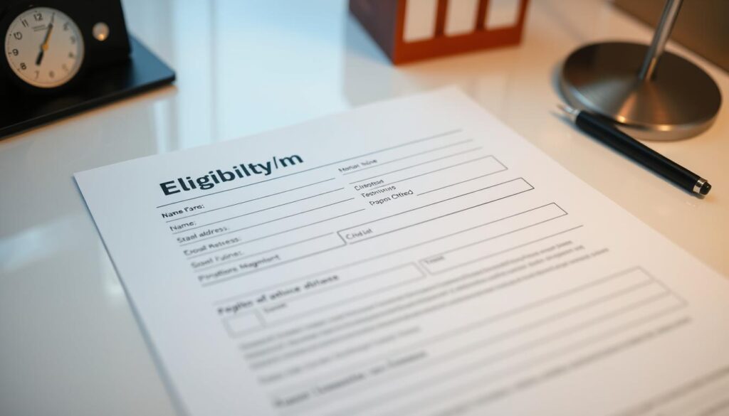 A professional-looking eligibility form with a clean, minimalist design. The form is placed on a well-lit desk, with a soft, diffused lighting creating a subtle, office-like atmosphere. The form is the central focus, taking up the majority of the frame, with the background slightly blurred to draw the eye to the details of the document. The form includes standard fields such as name, address, and eligibility criteria, printed in a clear, legible font. The overall impression is one of professionalism, organization, and attention to detail, suitable for illustrating a section on eligibility and application in an article about small business cyber insurance in Canada. A professional-looking eligibility form with a clean, minimalist design. The form is placed on a well-lit desk, with a soft, diffused lighting creating a subtle, office-like atmosphere. The form is the central focus, taking up the majority of the frame, with the background slightly blurred to draw the eye to the details of the document. The form includes standard fields such as name, address, and eligibility criteria, printed in a clear, legible font. The overall impression is one of professionalism, organization, and attention to detail, suitable for illustrating a section on eligibility and application in an article about small business cyber insurance in Canada.