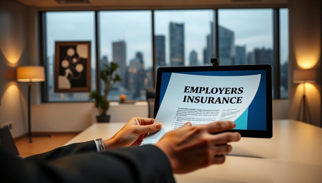 A professional, modern office setting with a large desk and a computer monitor displaying an "Employers Liability Insurance" document. The room has warm, subtle lighting and clean, minimalist design elements. In the foreground, a business person's hands are reviewing the insurance paperwork, conveying a sense of thoughtful consideration. The middle ground features a potted plant and a framed artwork on the wall, creating a sense of depth. The background showcases floor-to-ceiling windows overlooking a city skyline, emphasizing the professional and urban environment. The overall mood is one of diligence, responsibility, and the importance of protecting a business through proper insurance coverage. A professional, modern office setting with a large desk and a computer monitor displaying an "Employers Liability Insurance" document. The room has warm, subtle lighting and clean, minimalist design elements. In the foreground, a business person's hands are reviewing the insurance paperwork, conveying a sense of thoughtful consideration. The middle ground features a potted plant and a framed artwork on the wall, creating a sense of depth. The background showcases floor-to-ceiling windows overlooking a city skyline, emphasizing the professional and urban environment. The overall mood is one of diligence, responsibility, and the importance of protecting a business through proper insurance coverage.