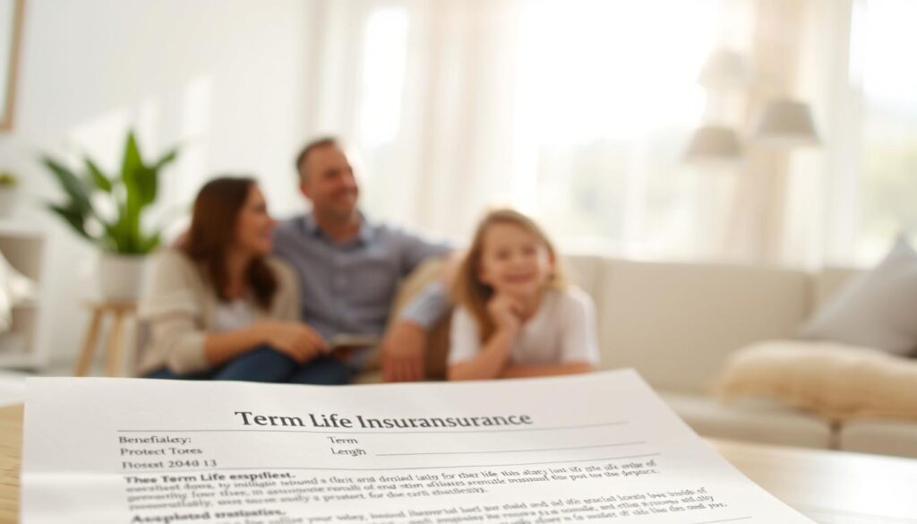 A professional, well-lit, high-resolution image of a term life insurance policy document. The foreground features the policy paperwork with clear details of the coverage, beneficiaries, and term length. The middle ground shows a family in a warm, candid moment, underscoring the purpose of the policy to protect loved ones. The background depicts a serene, sun-dappled domestic scene, conveying a sense of security and peace of mind. Lighting is soft and natural, with a shallow depth of field to focus attention on the policy details. The overall mood is one of reliability, care, and financial responsibility. A professional, well-lit, high-resolution image of a term life insurance policy document. The foreground features the policy paperwork with clear details of the coverage, beneficiaries, and term length. The middle ground shows a family in a warm, candid moment, underscoring the purpose of the policy to protect loved ones. The background depicts a serene, sun-dappled domestic scene, conveying a sense of security and peace of mind. Lighting is soft and natural, with a shallow depth of field to focus attention on the policy details. The overall mood is one of reliability, care, and financial responsibility.