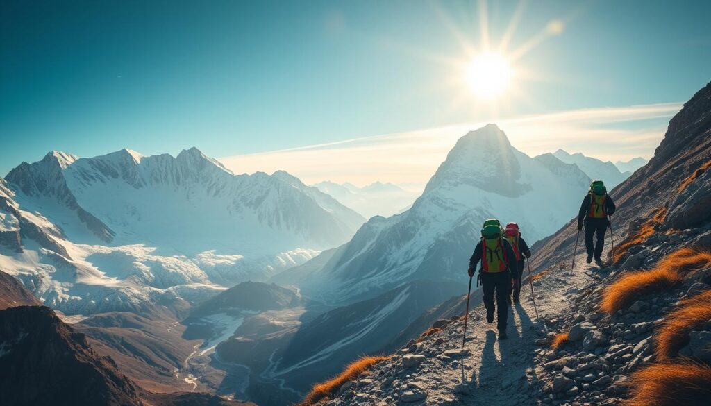 A rugged alpine landscape, towering snow-capped peaks pierce the sky. Hikers ascend a winding trail, their gear-laden backpacks and trekking poles testament to their determination. Crisp, thin air fills their lungs as they push forward, with the sun's golden rays illuminating the scene. In the distance, glaciers glisten like frozen mirrors, reflecting the grandeur of the surrounding mountains. The mood is one of adventure, challenge, and the sheer majesty of high-altitude trekking. Capture this journey with a wide-angle lens, framing the hikers against the imposing, majestic backdrop of this untamed wilderness. A rugged alpine landscape, towering snow-capped peaks pierce the sky. Hikers ascend a winding trail, their gear-laden backpacks and trekking poles testament to their determination. Crisp, thin air fills their lungs as they push forward, with the sun's golden rays illuminating the scene. In the distance, glaciers glisten like frozen mirrors, reflecting the grandeur of the surrounding mountains. The mood is one of adventure, challenge, and the sheer majesty of high-altitude trekking. Capture this journey with a wide-angle lens, framing the hikers against the imposing, majestic backdrop of this untamed wilderness.