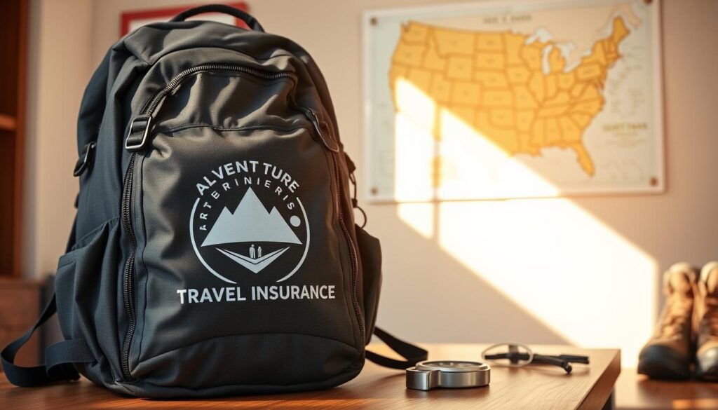 A rugged backpack rests on a wooden table, its exterior emblazoned with the logo of a renowned adventure travel insurance provider. Sunlight streams through a window, casting a warm glow across the scene. In the background, a map of the United States hangs on the wall, symbolizing the expansive coverage of the policy. The backpack's zippers and buckles glint, conveying a sense of durability and reliability. Nearby, a compass and a pair of hiking boots suggest the adventurous spirit of the policy holder. The overall composition evokes a feeling of security and preparedness, essential for those embarking on thrilling outdoor exploits. A rugged backpack rests on a wooden table, its exterior emblazoned with the logo of a renowned adventure travel insurance provider. Sunlight streams through a window, casting a warm glow across the scene. In the background, a map of the United States hangs on the wall, symbolizing the expansive coverage of the policy. The backpack's zippers and buckles glint, conveying a sense of durability and reliability. Nearby, a compass and a pair of hiking boots suggest the adventurous spirit of the policy holder. The overall composition evokes a feeling of security and preparedness, essential for those embarking on thrilling outdoor exploits.