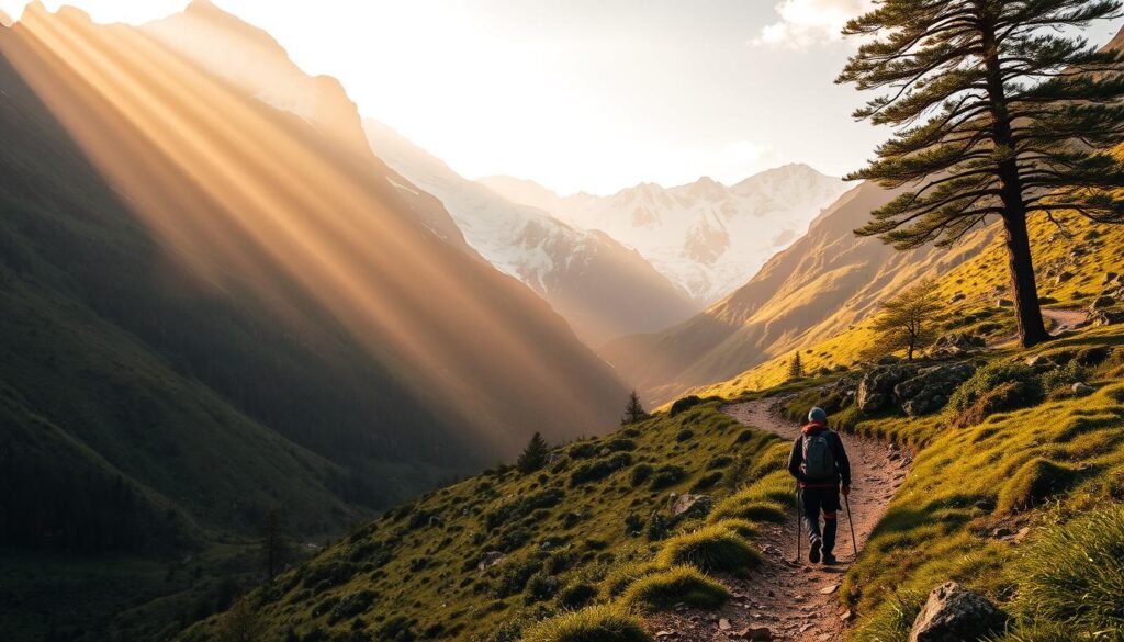 A rugged mountain trail winding through lush, verdant landscapes, flanked by towering peaks capped with pristine snow. In the foreground, a hiker navigates the path, their backpack and hiking gear signifying a journey of exploration and adventure. Shafts of warm, golden sunlight filter through the canopy of ancient trees, casting a serene glow over the scene. The atmosphere is one of tranquility and discovery, inviting the viewer to embark on their own hiking expedition amidst the majestic splendor of the British countryside. A rugged mountain trail winding through lush, verdant landscapes, flanked by towering peaks capped with pristine snow. In the foreground, a hiker navigates the path, their backpack and hiking gear signifying a journey of exploration and adventure. Shafts of warm, golden sunlight filter through the canopy of ancient trees, casting a serene glow over the scene. The atmosphere is one of tranquility and discovery, inviting the viewer to embark on their own hiking expedition amidst the majestic splendor of the British countryside.