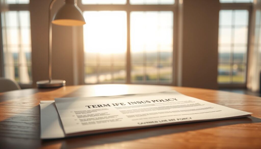 A serene and inviting scene of a term life insurance policy document resting on a wooden table, bathed in soft, natural lighting. In the foreground, the policy pages are neatly arranged, with subtle textures and shadows adding depth and dimension. The middle ground features a modern, minimalist lamp, casting a warm glow across the scene. In the background, a tranquil, blurred landscape view through a large window, conveying a sense of security and stability. The overall mood is one of thoughtfulness, simplicity, and the reassurance of responsible financial planning. A serene and inviting scene of a term life insurance policy document resting on a wooden table, bathed in soft, natural lighting. In the foreground, the policy pages are neatly arranged, with subtle textures and shadows adding depth and dimension. The middle ground features a modern, minimalist lamp, casting a warm glow across the scene. In the background, a tranquil, blurred landscape view through a large window, conveying a sense of security and stability. The overall mood is one of thoughtfulness, simplicity, and the reassurance of responsible financial planning.